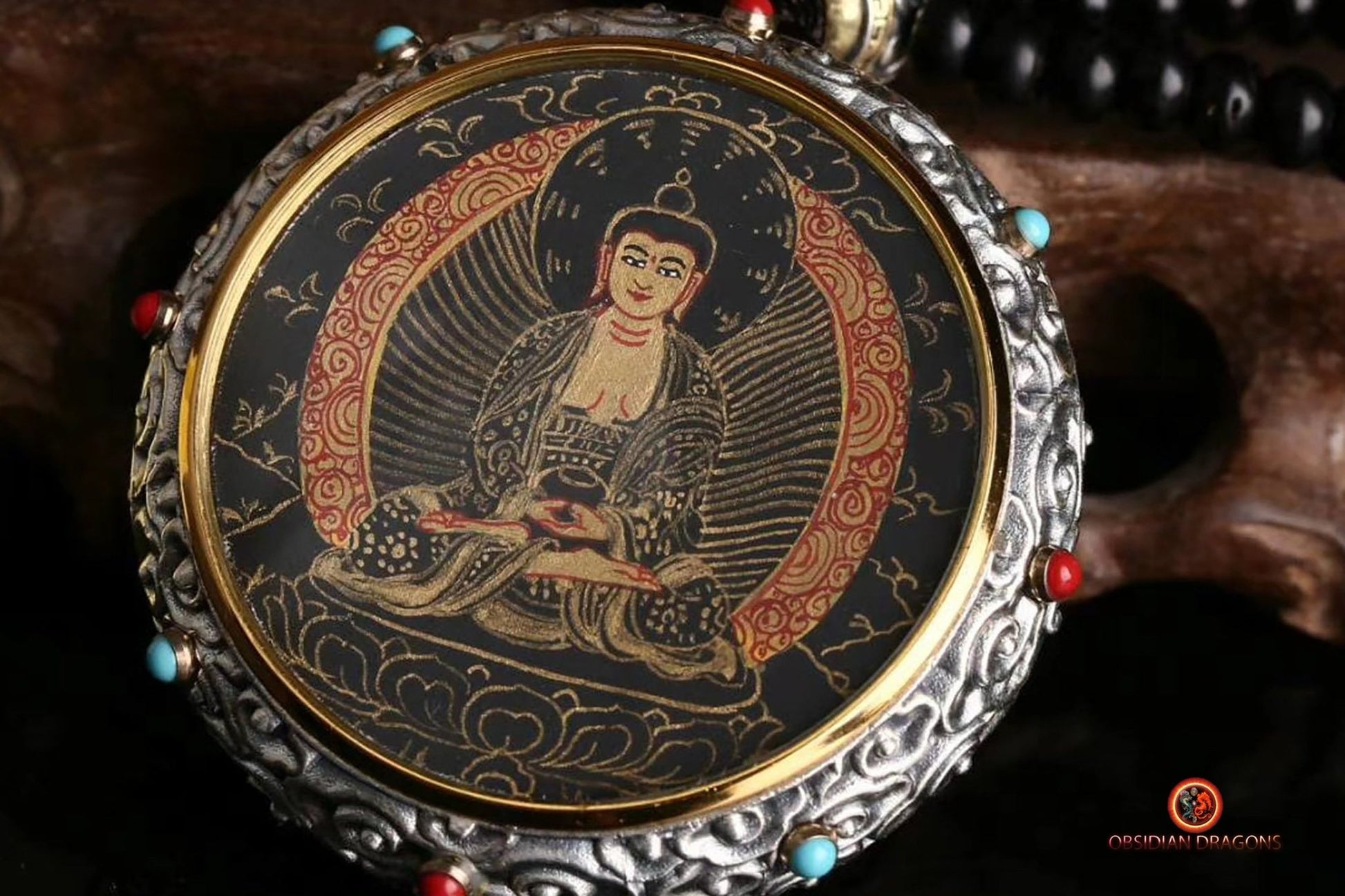 Ghau Tibétain en Argent 925 - Thangka d'Amitabha - Mantra | obsidian dragons