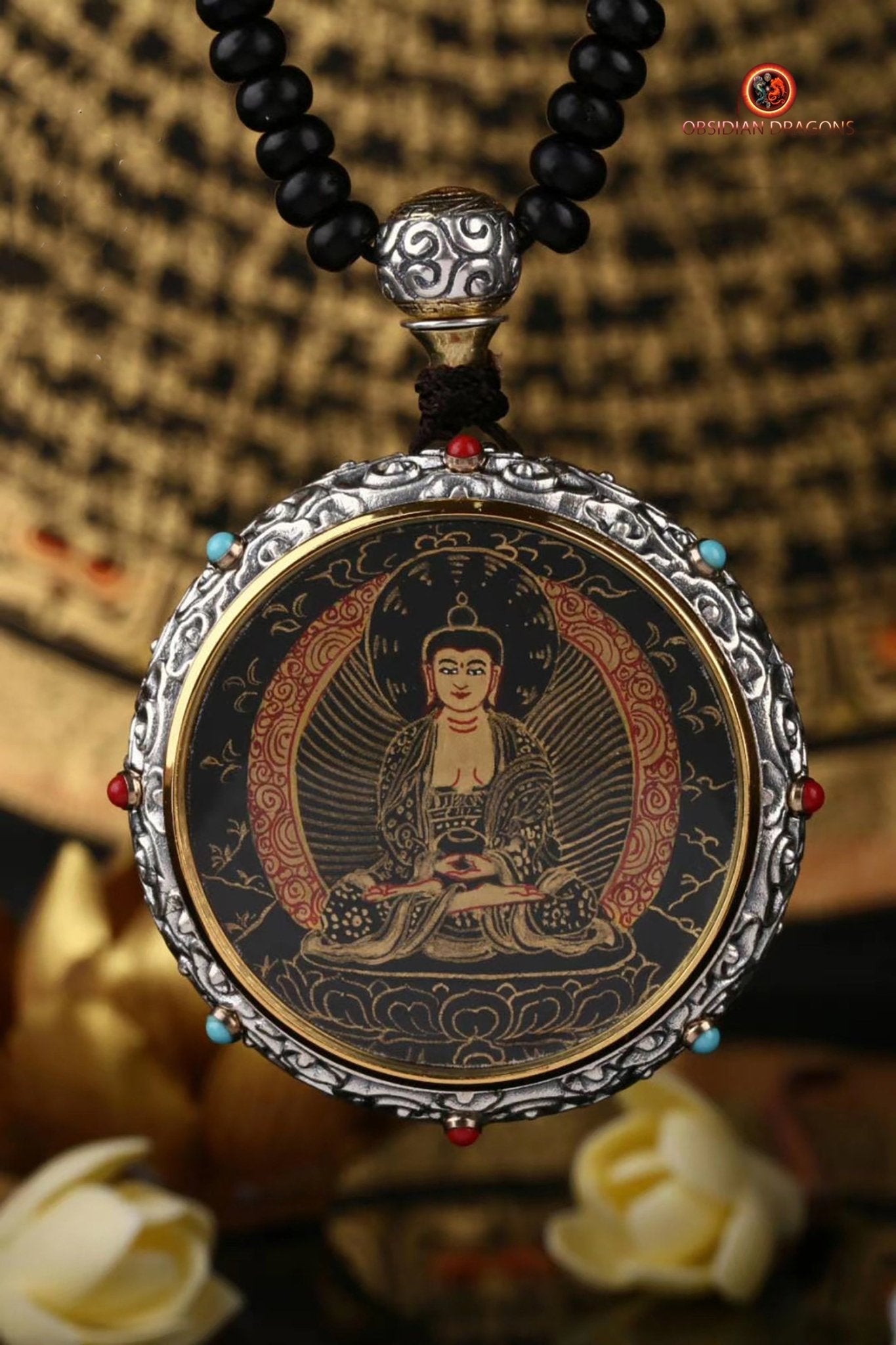 Ghau Tibétain en Argent 925 - Thangka d'Amitabha - Mantra | obsidian dragons