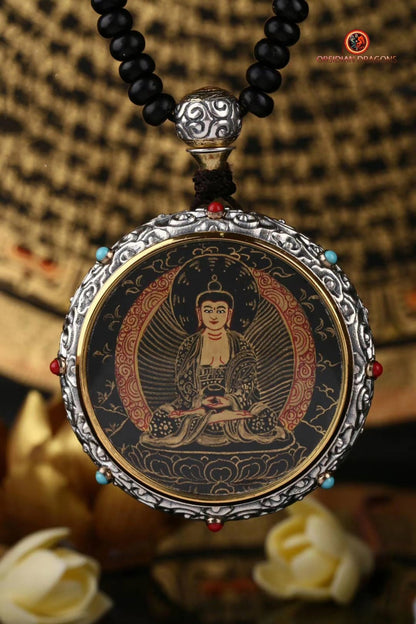 Ghau Tibétain en Argent 925 - Thangka d'Amitabha - Mantra | obsidian dragons