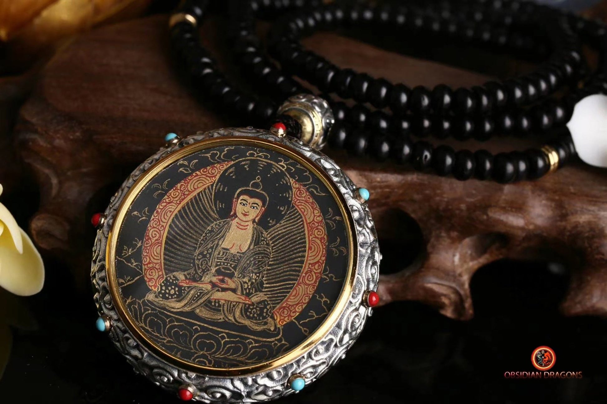 Ghau Tibétain en Argent 925 - Thangka d'Amitabha - Mantra | obsidian dragons