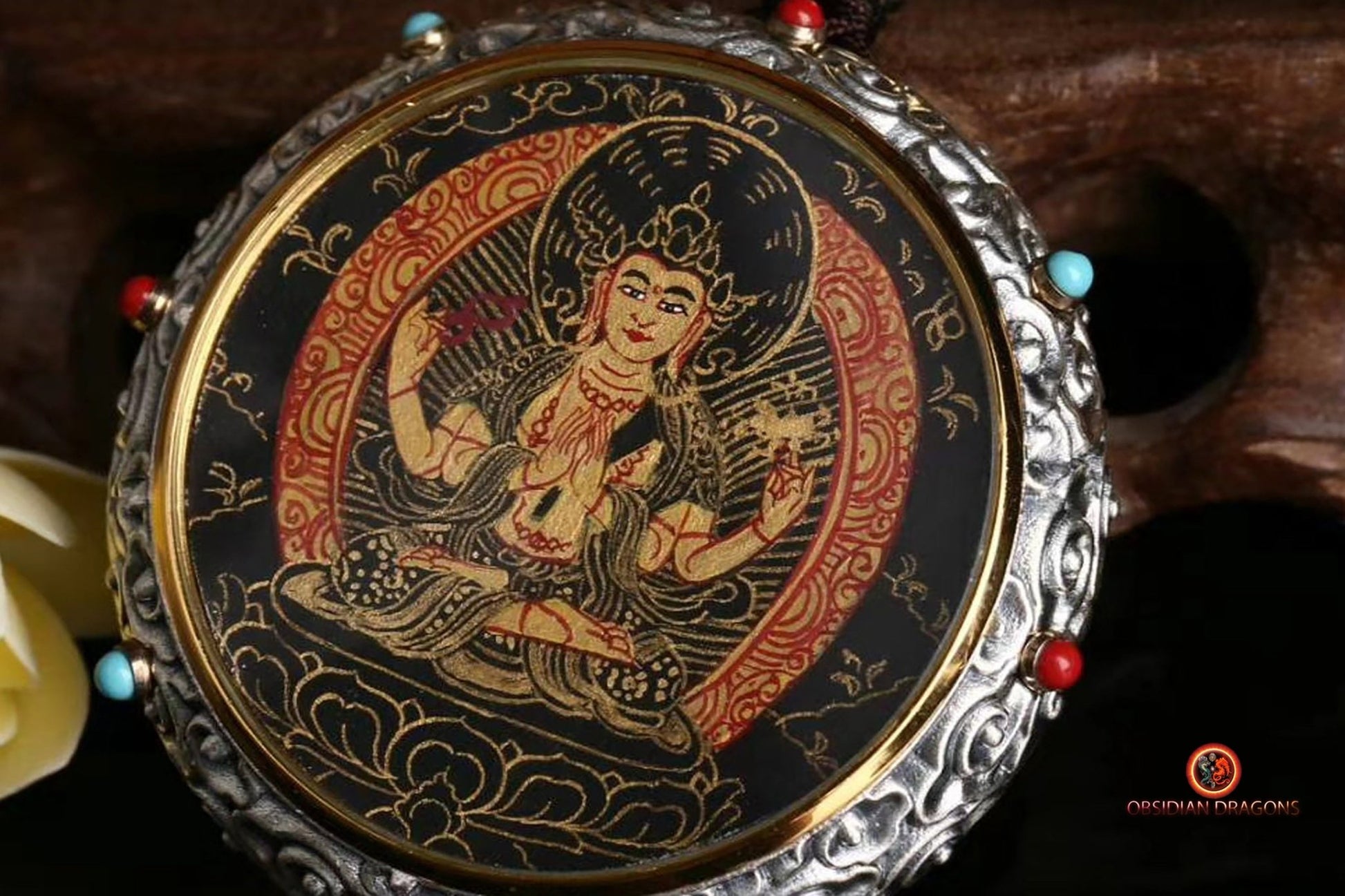 Ghau Tibétain en Argent 925 - Thangka de Chenrezig- Mantra | obsidian dragons
