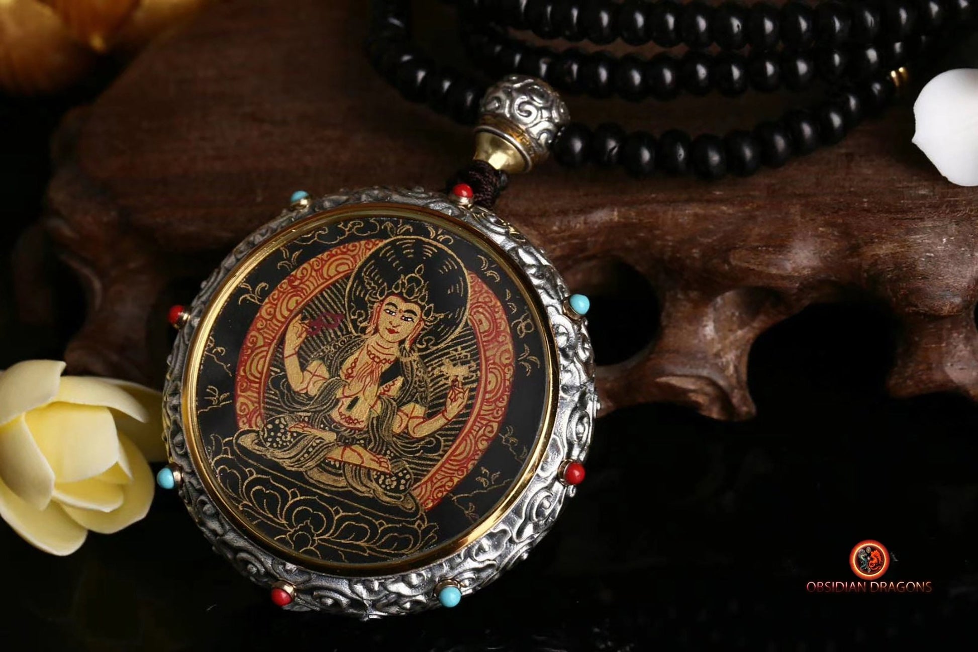 Ghau Tibétain en Argent 925 - Thangka de Chenrezig- Mantra | obsidian dragons