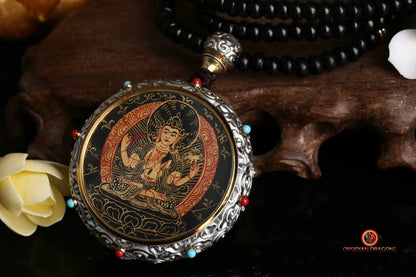 Ghau Tibétain en Argent 925 - Thangka de Chenrezig- Mantra | obsidian dragons