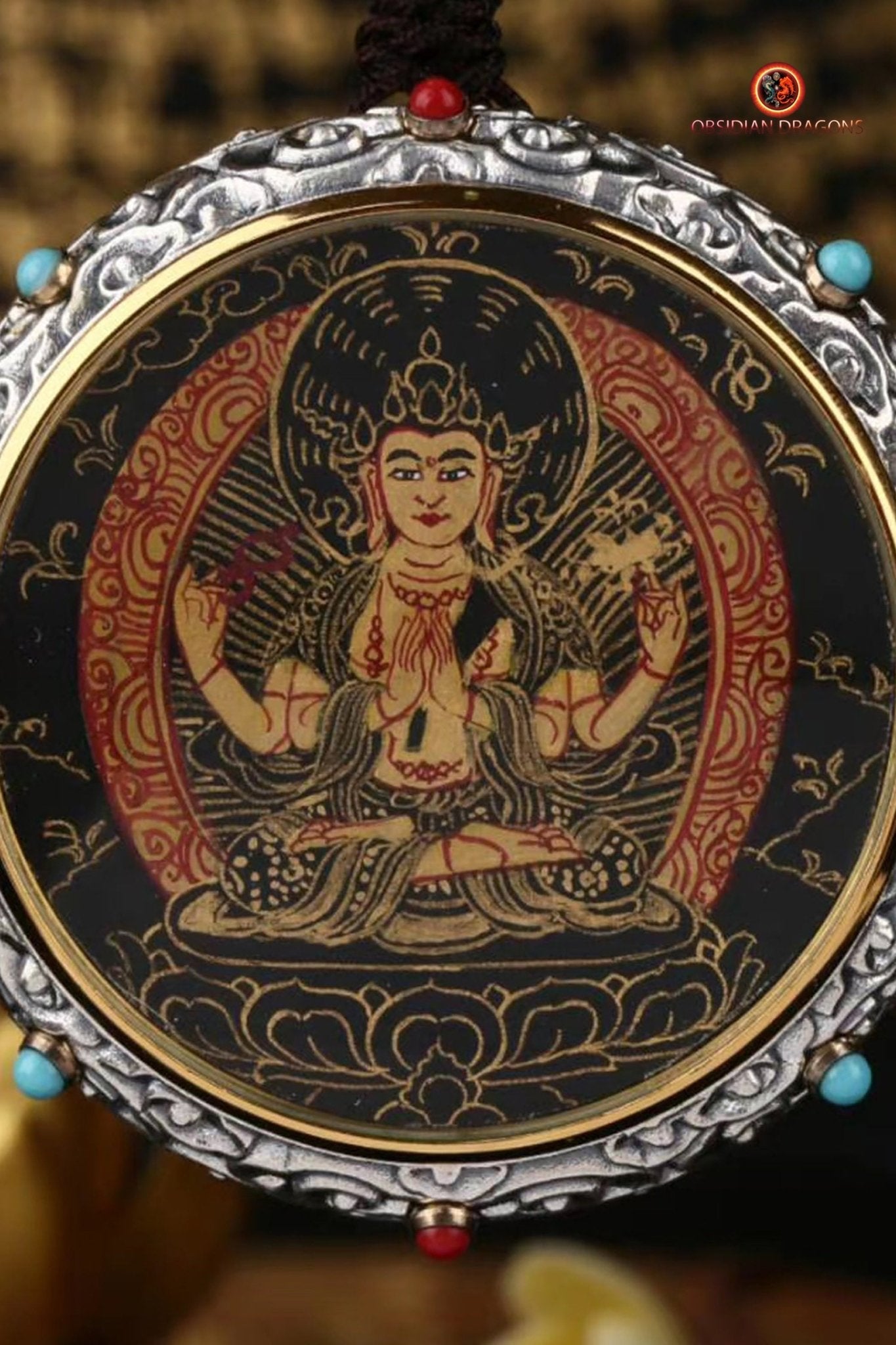 Ghau Tibétain en Argent 925 - Thangka de Chenrezig- Mantra | obsidian dragons