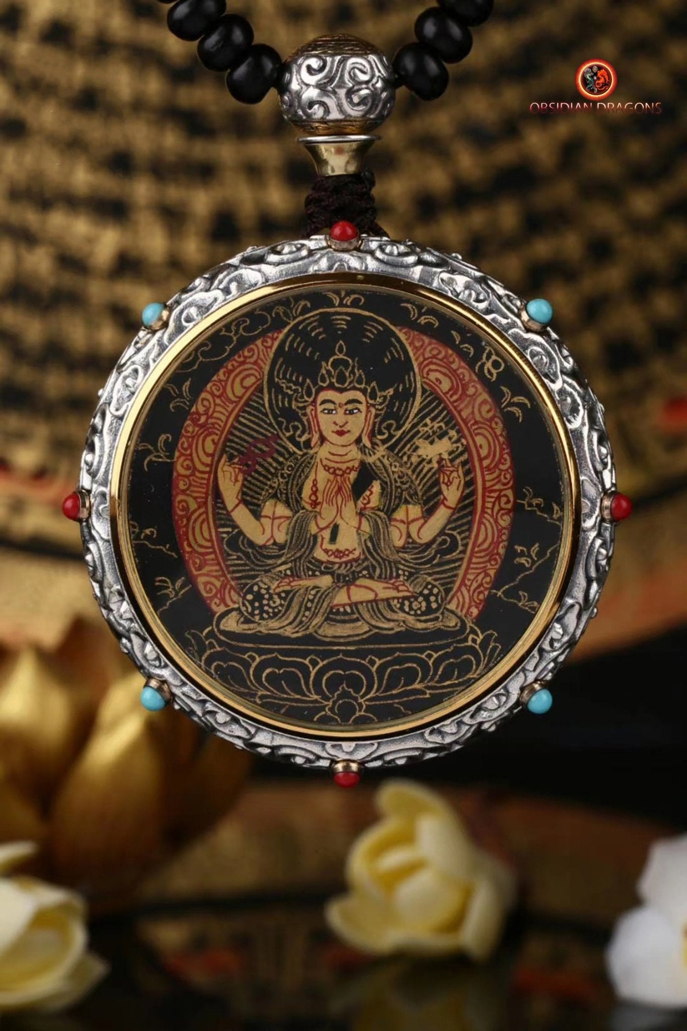 Ghau Tibétain en Argent 925 - Thangka de Chenrezig- Mantra | obsidian dragons