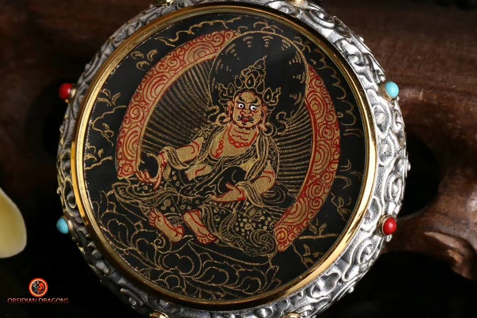 Ghau Tibétain en Argent 925 - Thangka de Jambhala - Mantra | obsidian dragons