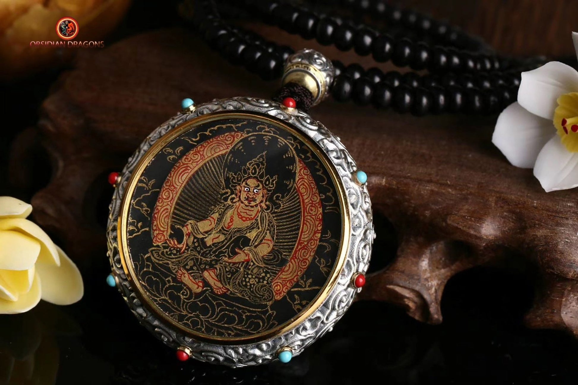 Ghau Tibétain en Argent 925 - Thangka de Jambhala - Mantra | obsidian dragons