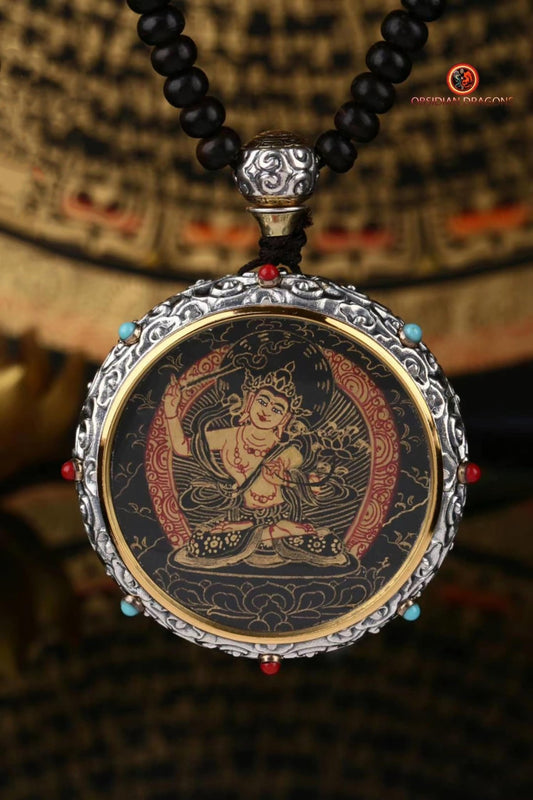 Ghau Tibétain en Argent 925 - Thangka de Manjushri - Mantra | obsidian dragons