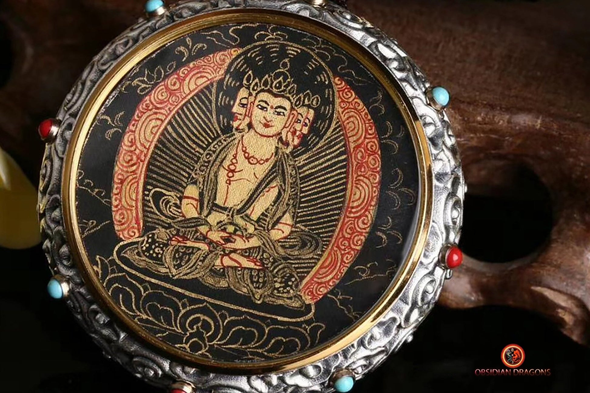 Ghau Tibétain en Argent 925 - Thangka de Vairocana- Mantra | obsidian dragons