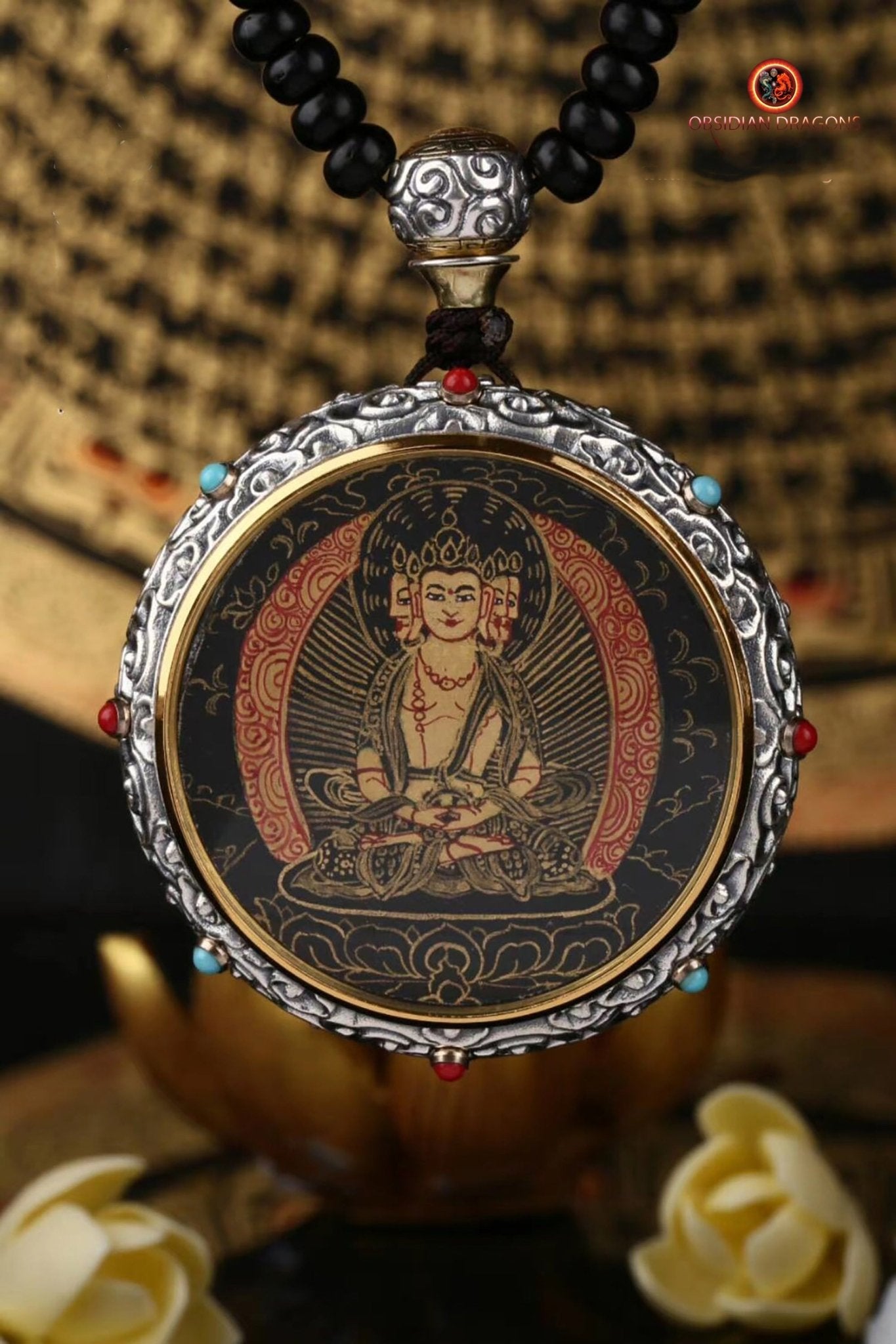 Ghau Tibétain en Argent 925 - Thangka de Vairocana- Mantra | obsidian dragons