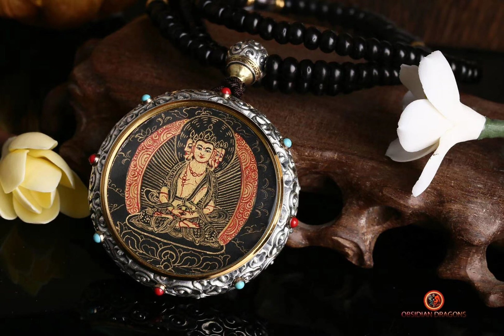 Ghau Tibétain en Argent 925 - Thangka de Vairocana- Mantra | obsidian dragons