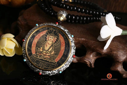 Ghau Tibétain en Argent 925 - Thangka de Vairocana- Mantra | obsidian dragons