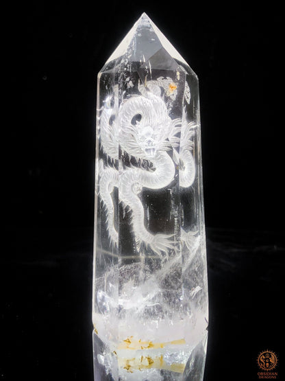 Grande pointe de cristal de roche Dragon - glyptique 3D | obsidian dragons