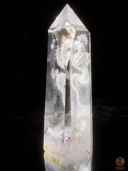 Grande pointe de cristal de roche Dragon - glyptique 3D | obsidian dragons