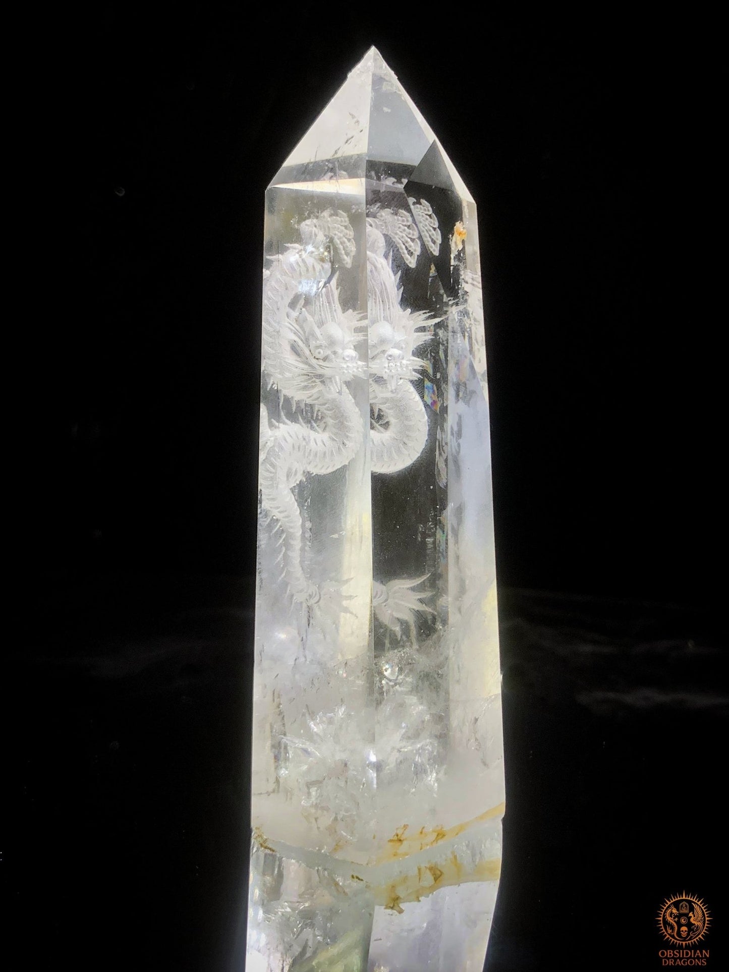 Grande pointe de cristal de roche Dragon - glyptique 3D | obsidian dragons