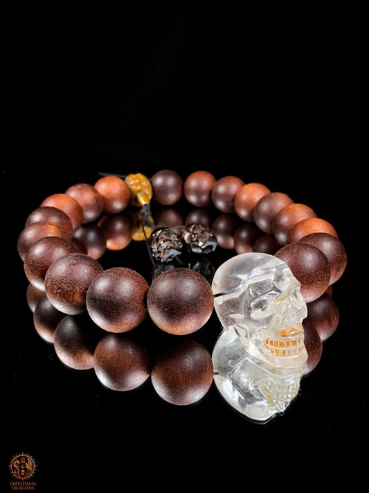 Gros Collier en Bois – Mala 18 Perles – Crâne de Cristal | obsidian dragons