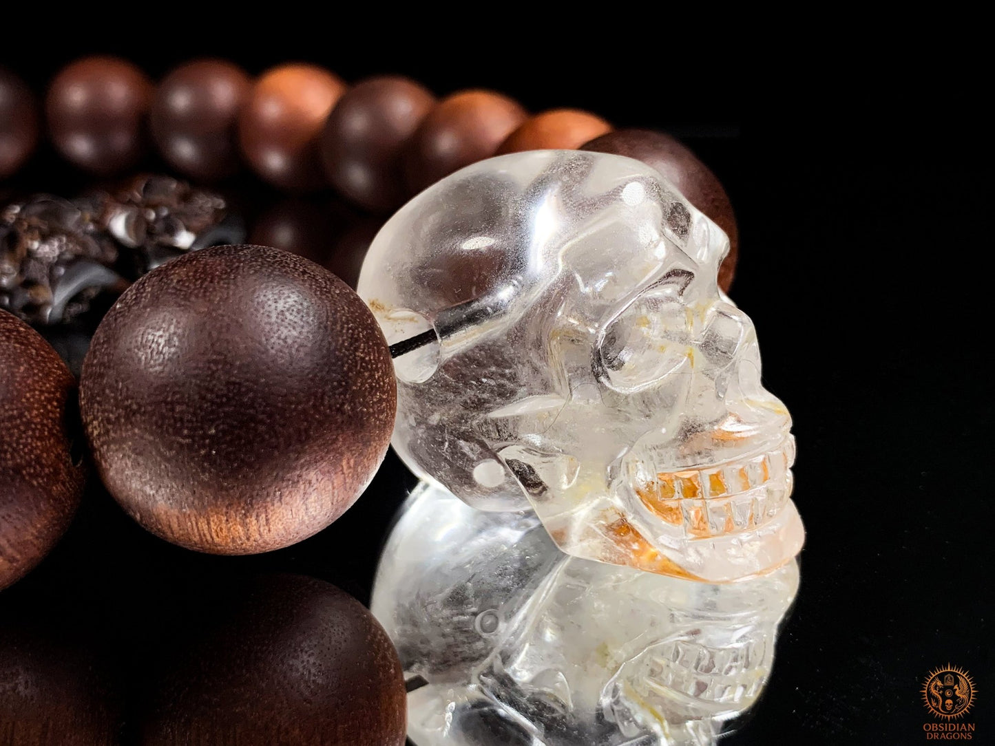 Gros Collier en Bois – Mala 18 Perles – Crâne de Cristal | obsidian dragons