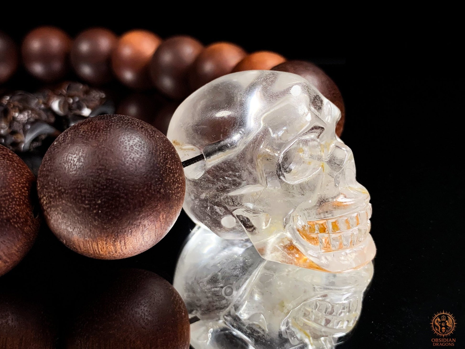 Gros Collier en Bois – Mala 18 Perles – Crâne de Cristal | obsidian dragons