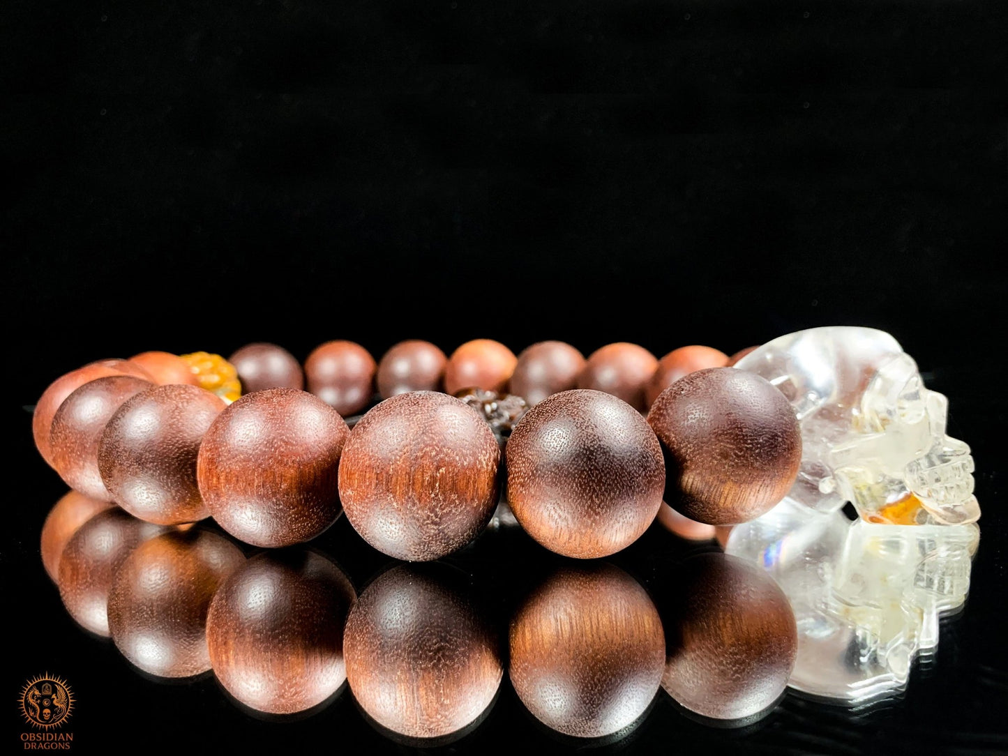Gros Collier en Bois – Mala 18 Perles – Crâne de Cristal | obsidian dragons