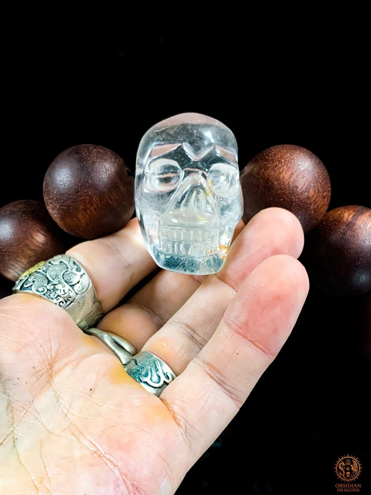 Gros Collier en Bois – Mala 18 Perles – Crâne de Cristal