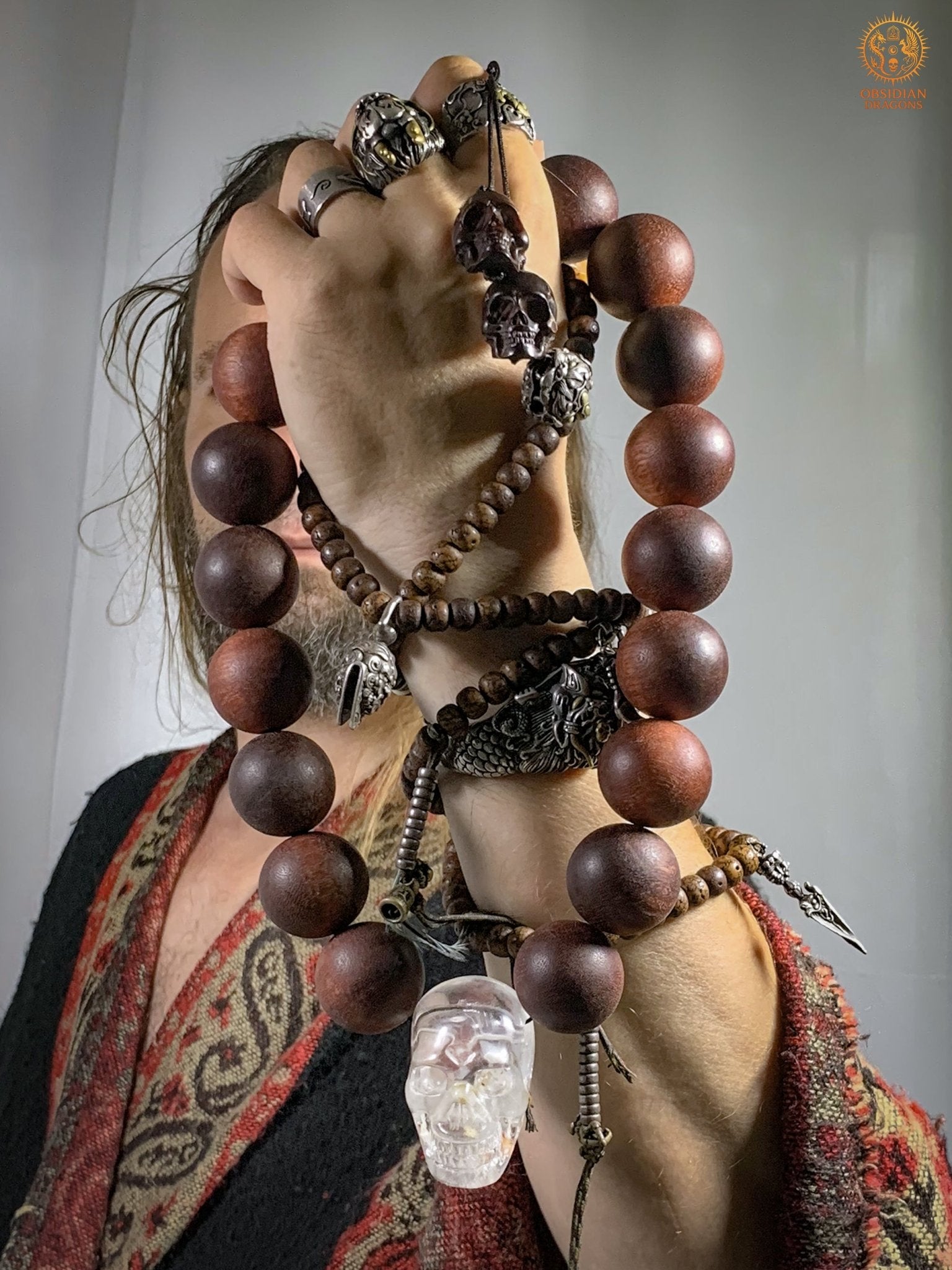 Gros Collier en Bois – Mala 18 Perles – Crâne de Cristal | obsidian dragons