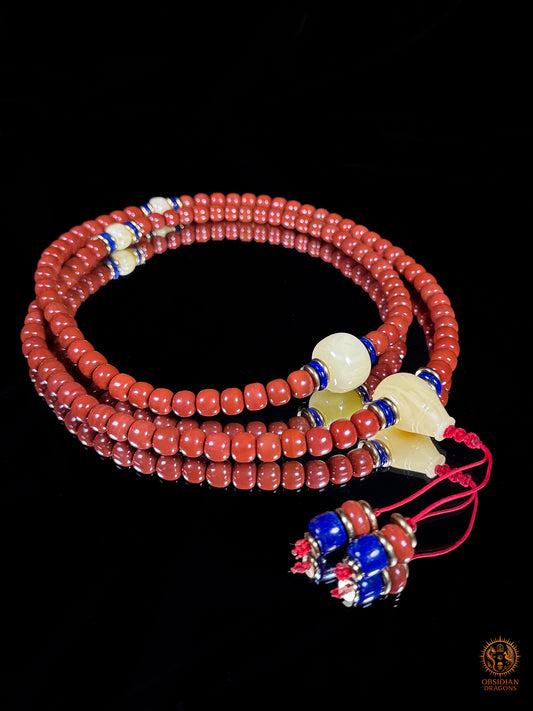 Mala 108 perles en agate Nan Hong de baoshan & ambre royal | obsidian dragons