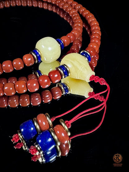 Mala 108 perles en agate Nan Hong de baoshan & ambre royal | obsidian dragons