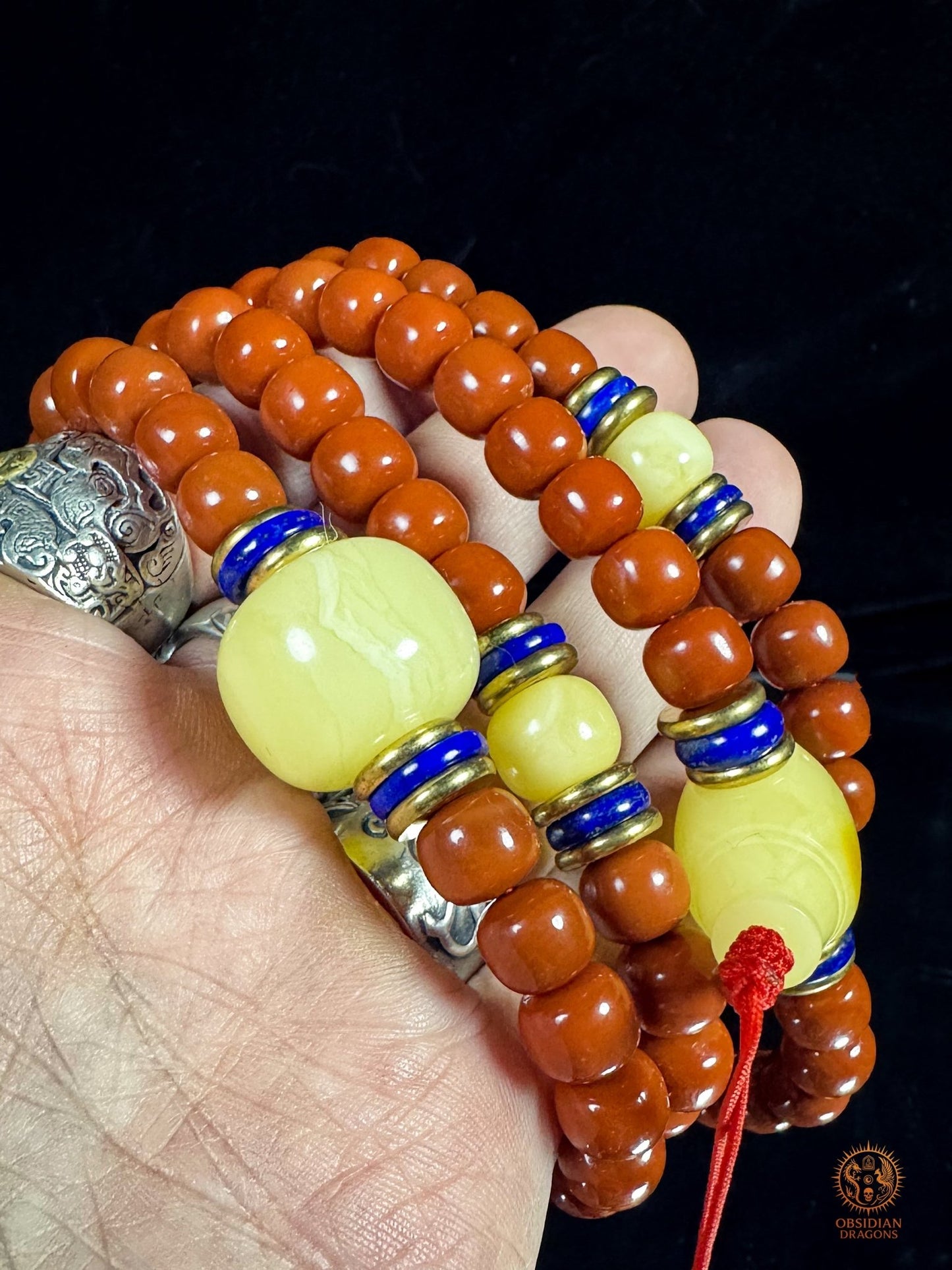 Mala 108 perles en agate Nan Hong de baoshan & ambre royal - obsidian dragons