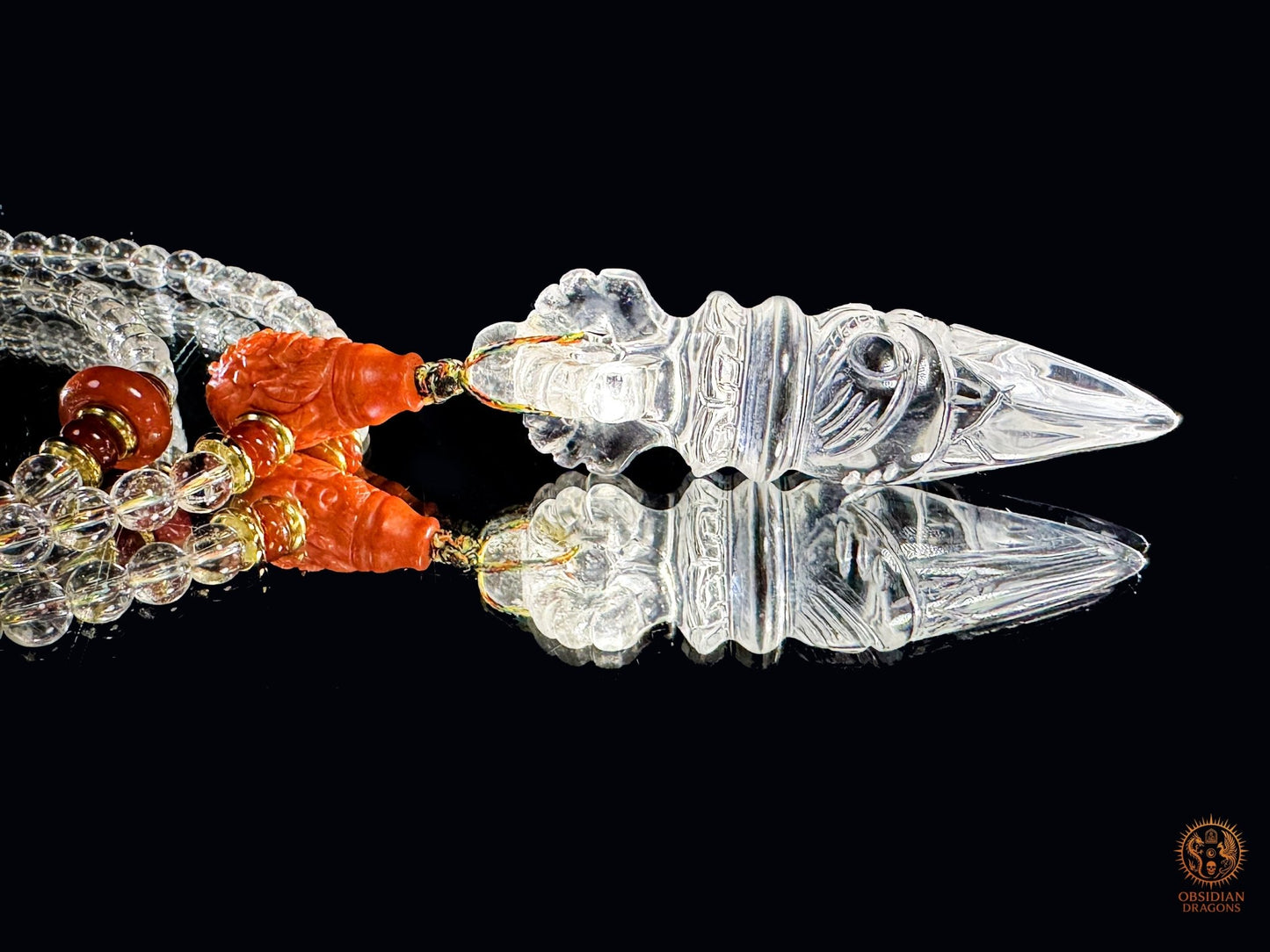 Mala 108 perles en cristal de roche naturel - Phurba | obsidian dragons