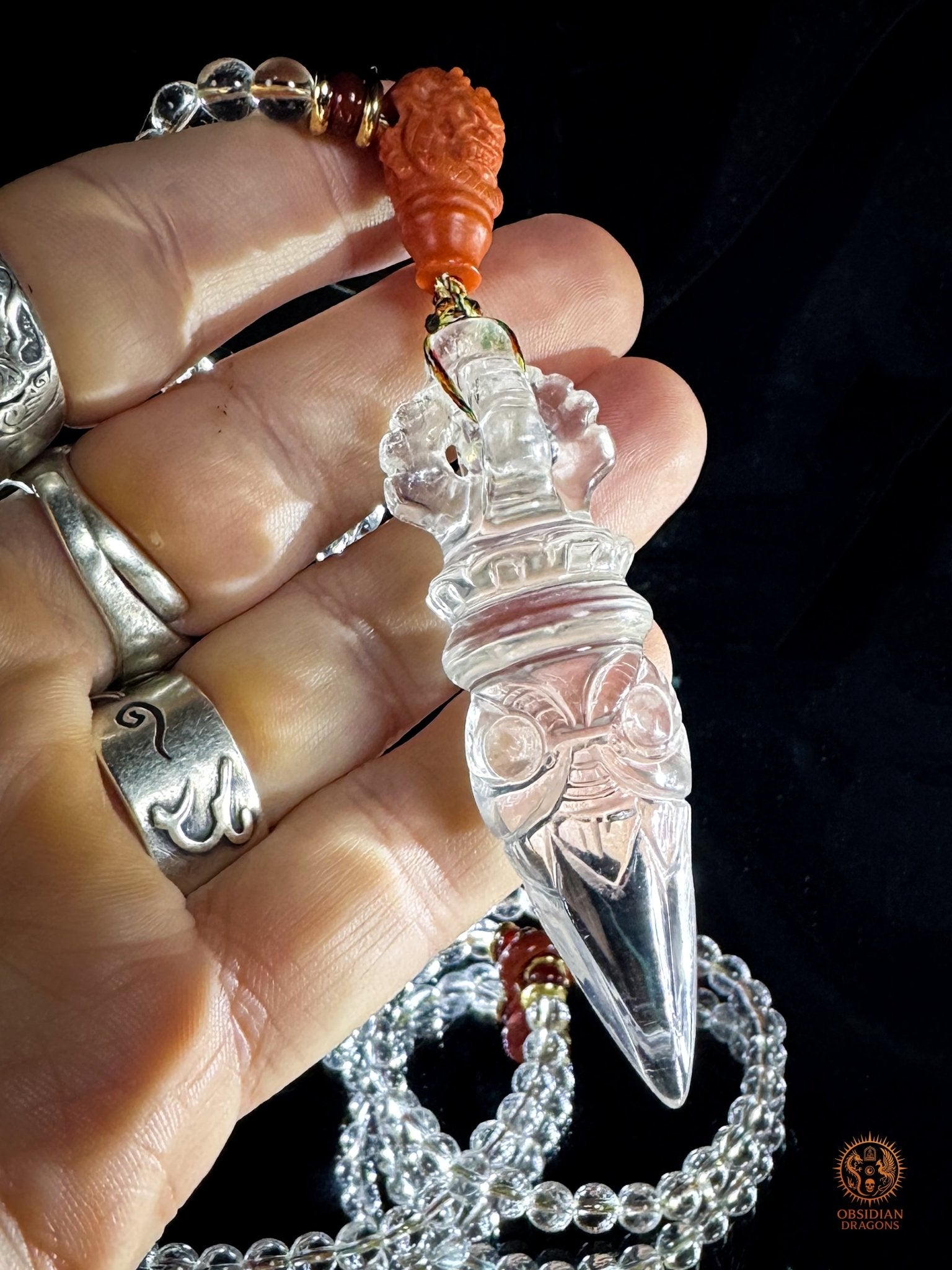 Mala 108 perles en cristal de roche naturel - Phurba | obsidian dragons