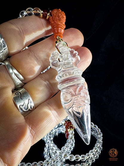 Mala 108 perles en cristal de roche naturel - Phurba | obsidian dragons