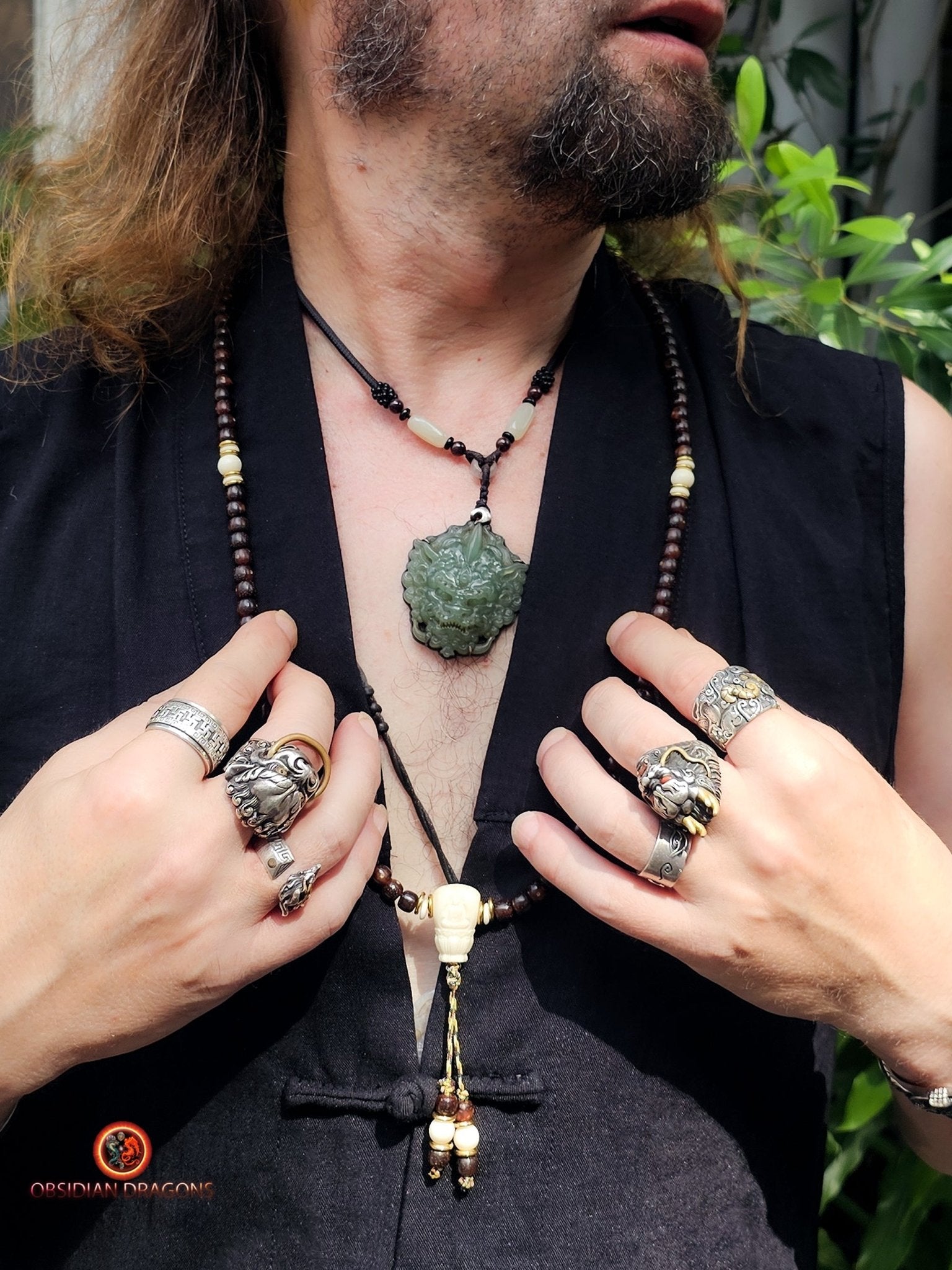 Mala Tibétain en Graines de Bodhi Fossiles - DZI à Trois Yeux | obsidian dragons