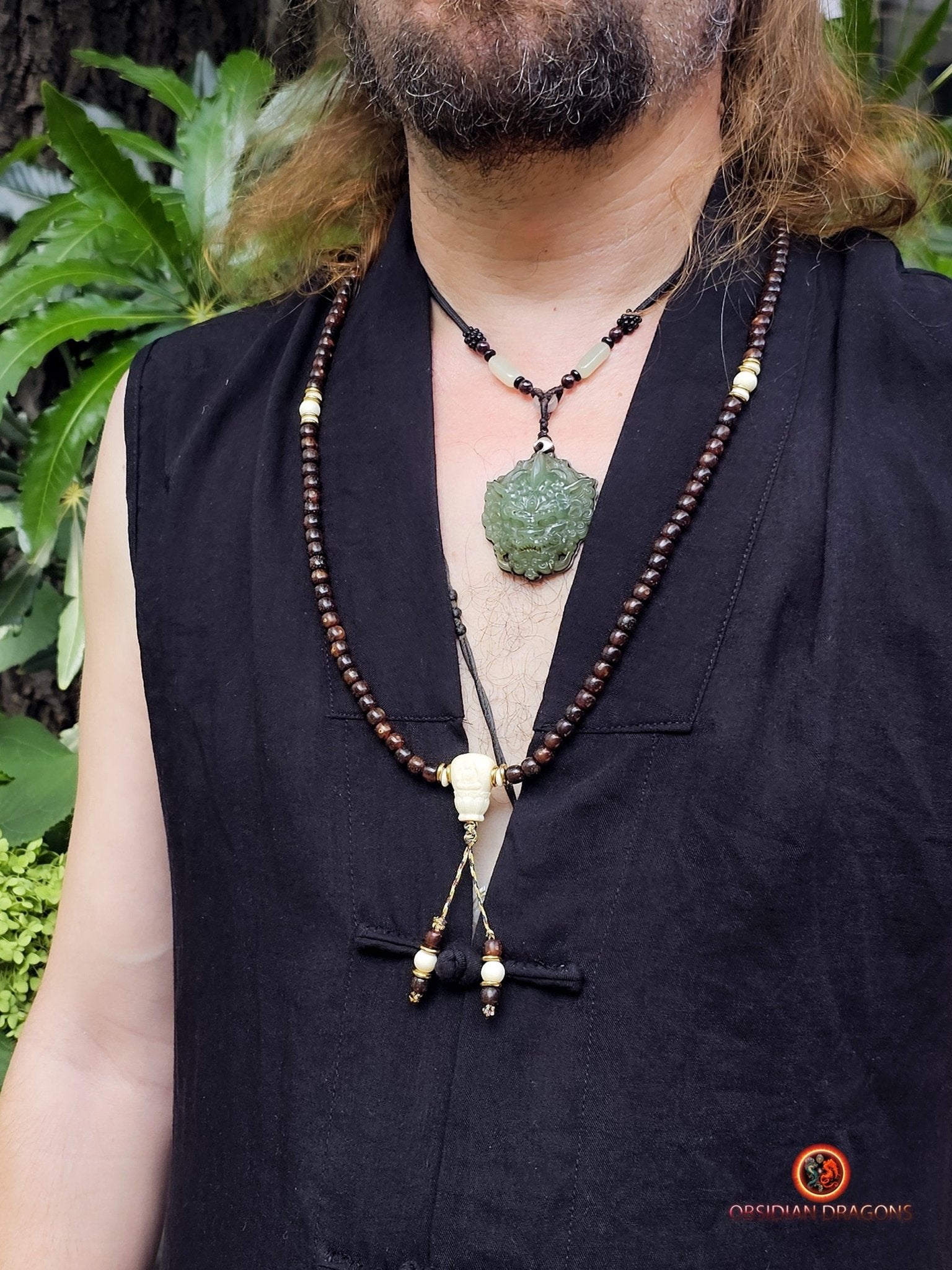 Mala Tibétain en Graines de Bodhi Fossiles - DZI à Trois Yeux | obsidian dragons