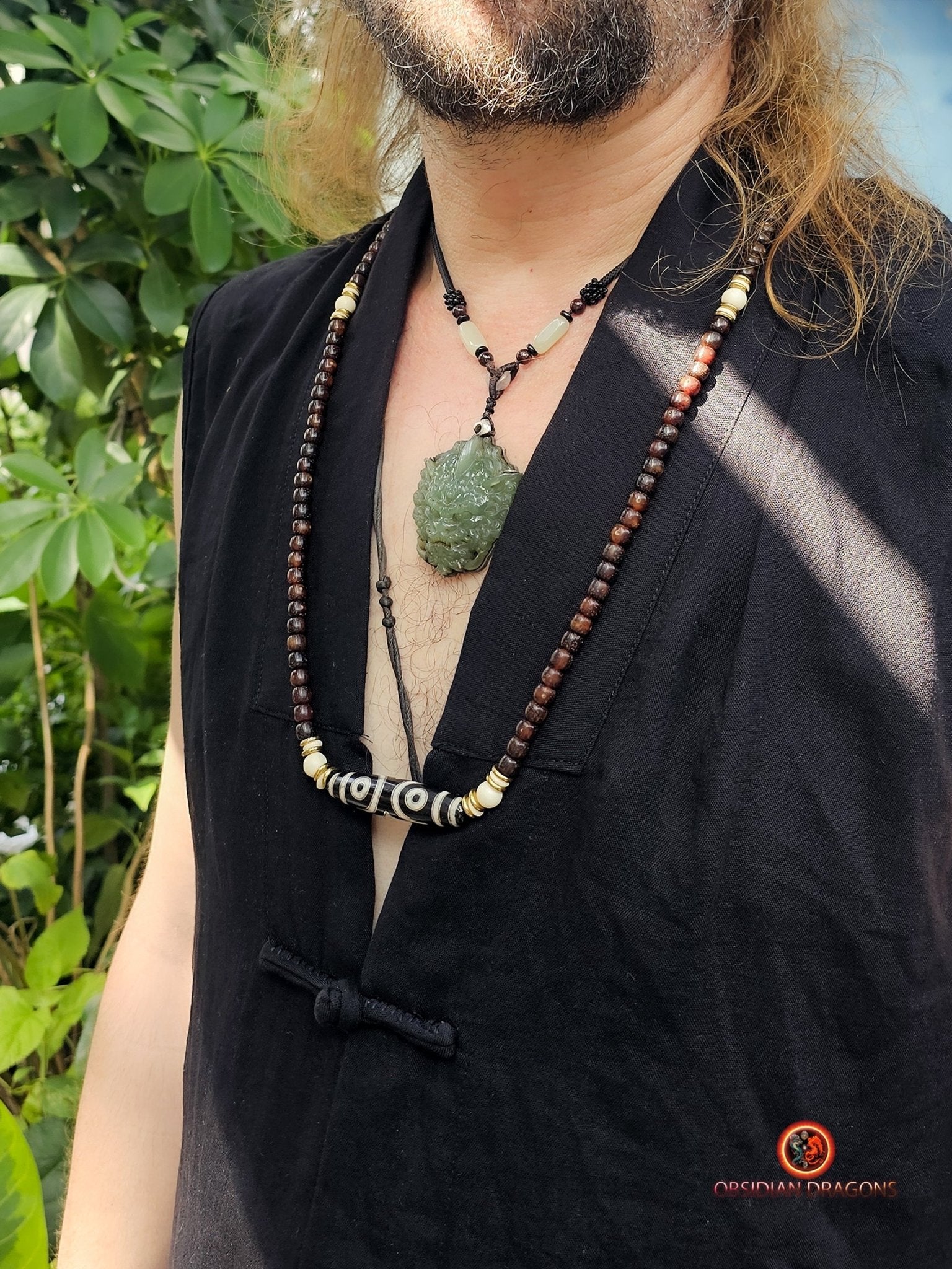 Mala Tibétain en Graines de Bodhi Fossiles - DZI à Trois Yeux | obsidian dragons