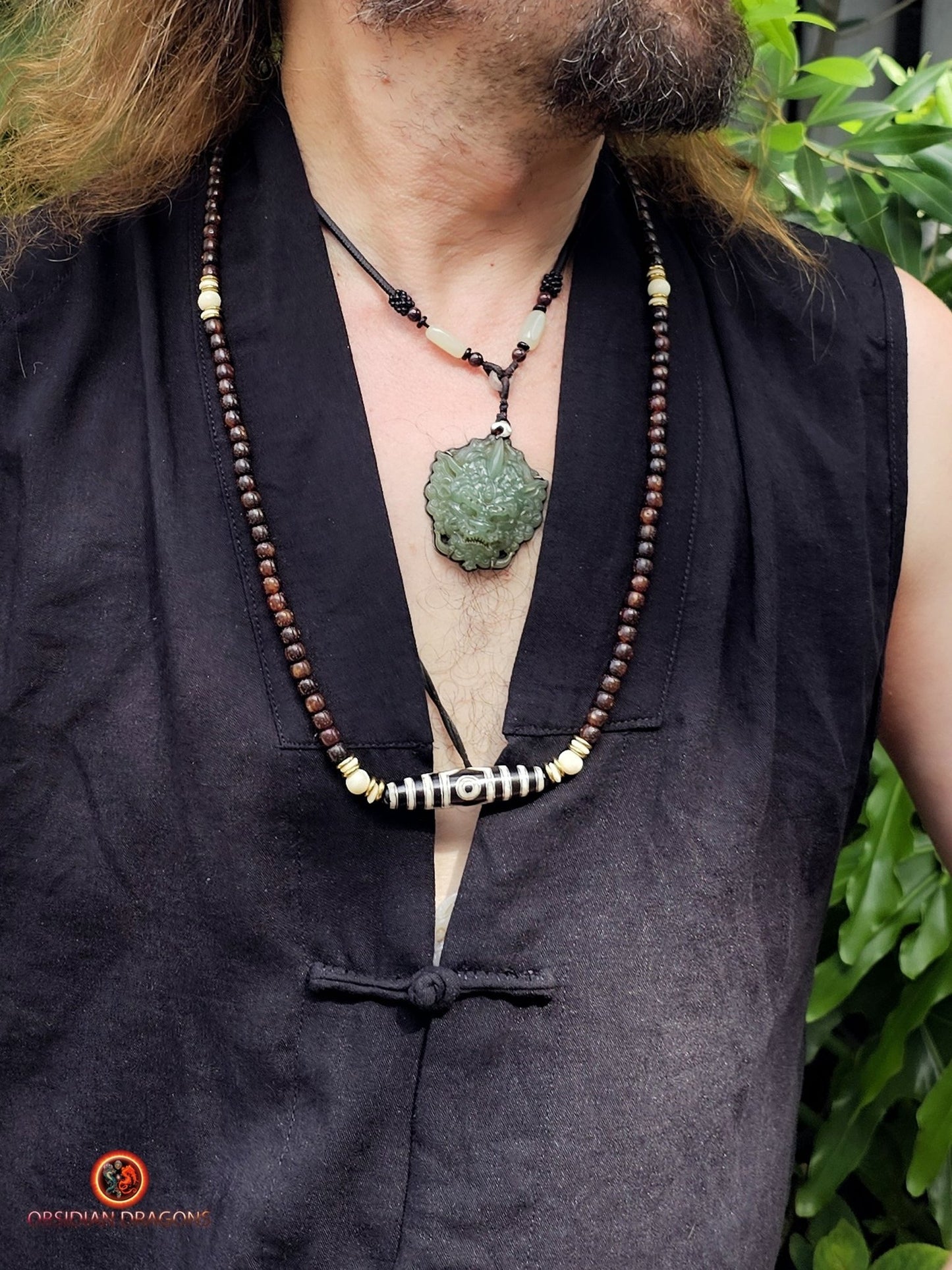 Mala Tibétain en Graines de Bodhi Fossiles - DZI à Trois Yeux | obsidian dragons