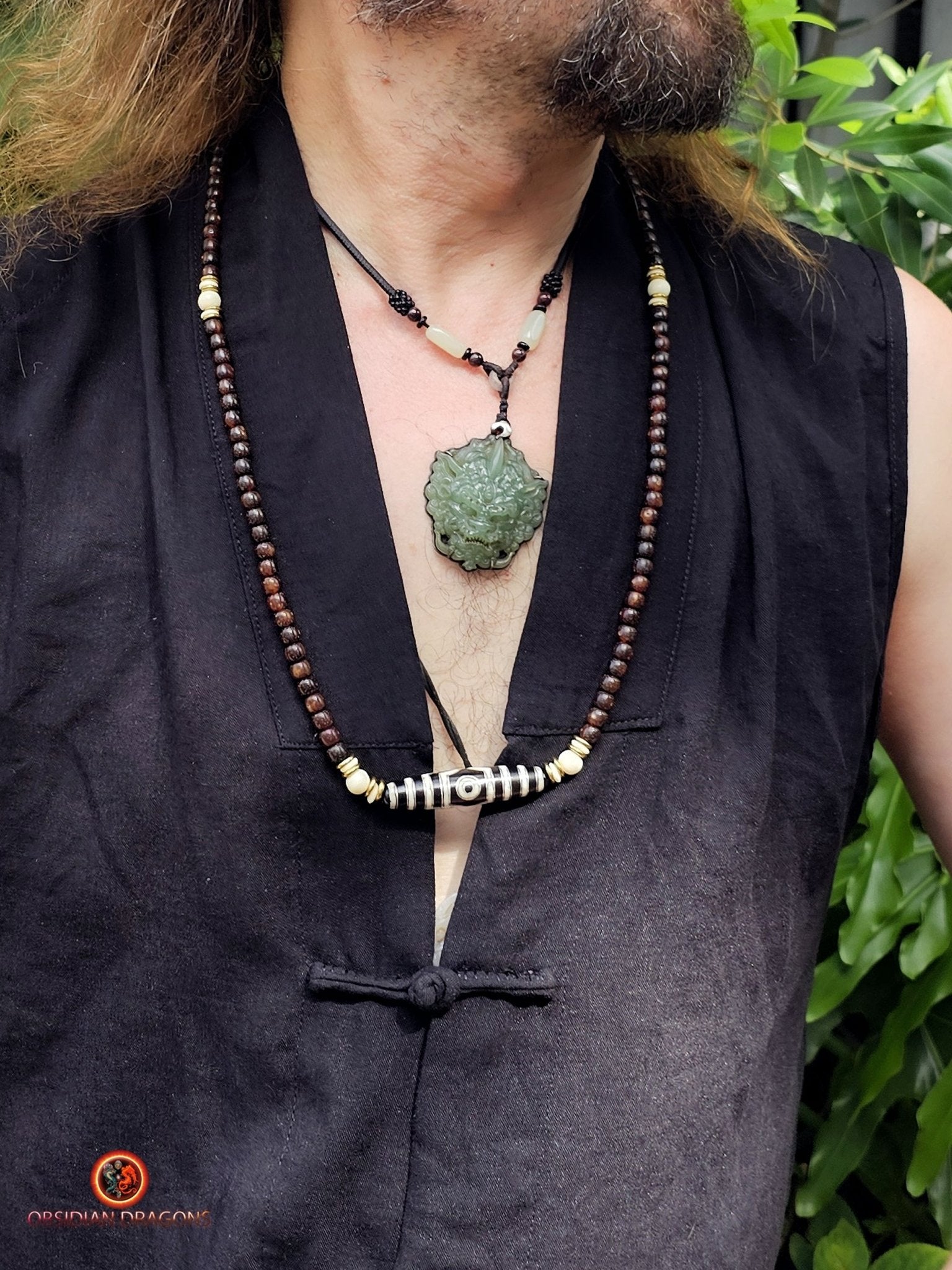 Mala Tibétain en Graines de Bodhi Fossiles - DZI à Trois Yeux | obsidian dragons