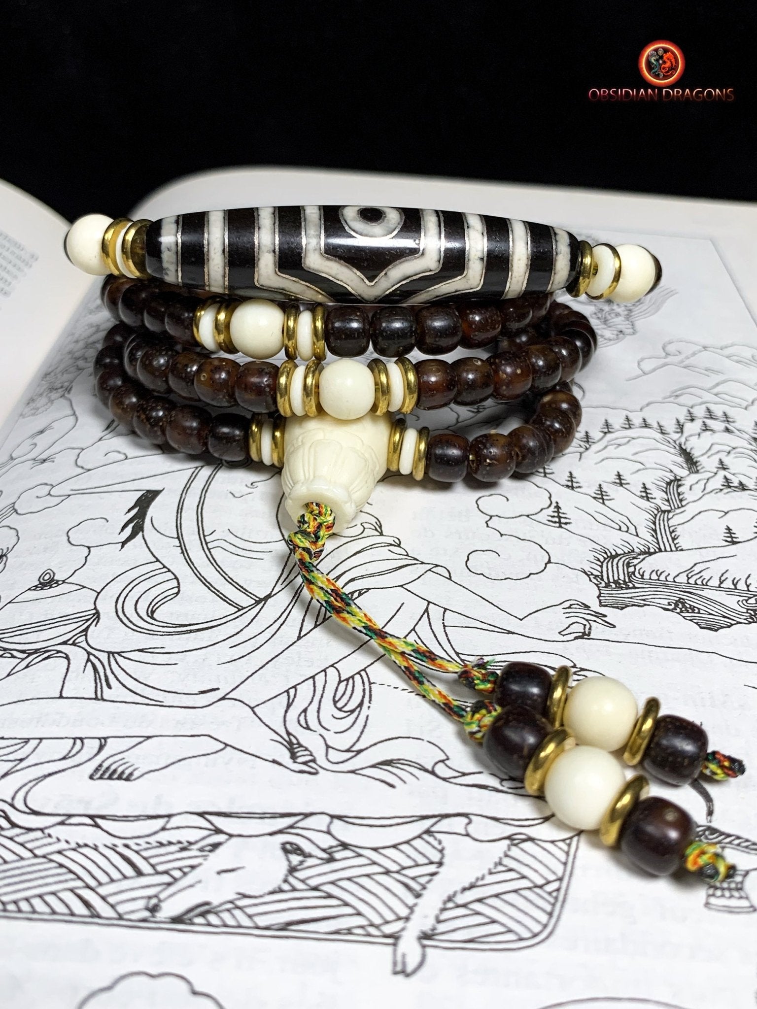Mala Tibétain en Graines de Bodhi Fossiles - DZI à Trois Yeux | obsidian dragons