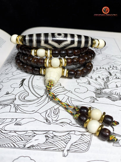 Mala Tibétain en Graines de Bodhi Fossiles - DZI à Trois Yeux | obsidian dragons