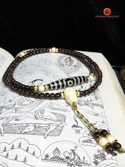 Mala Tibétain en Graines de Bodhi Fossiles - DZI à Trois Yeux | obsidian dragons