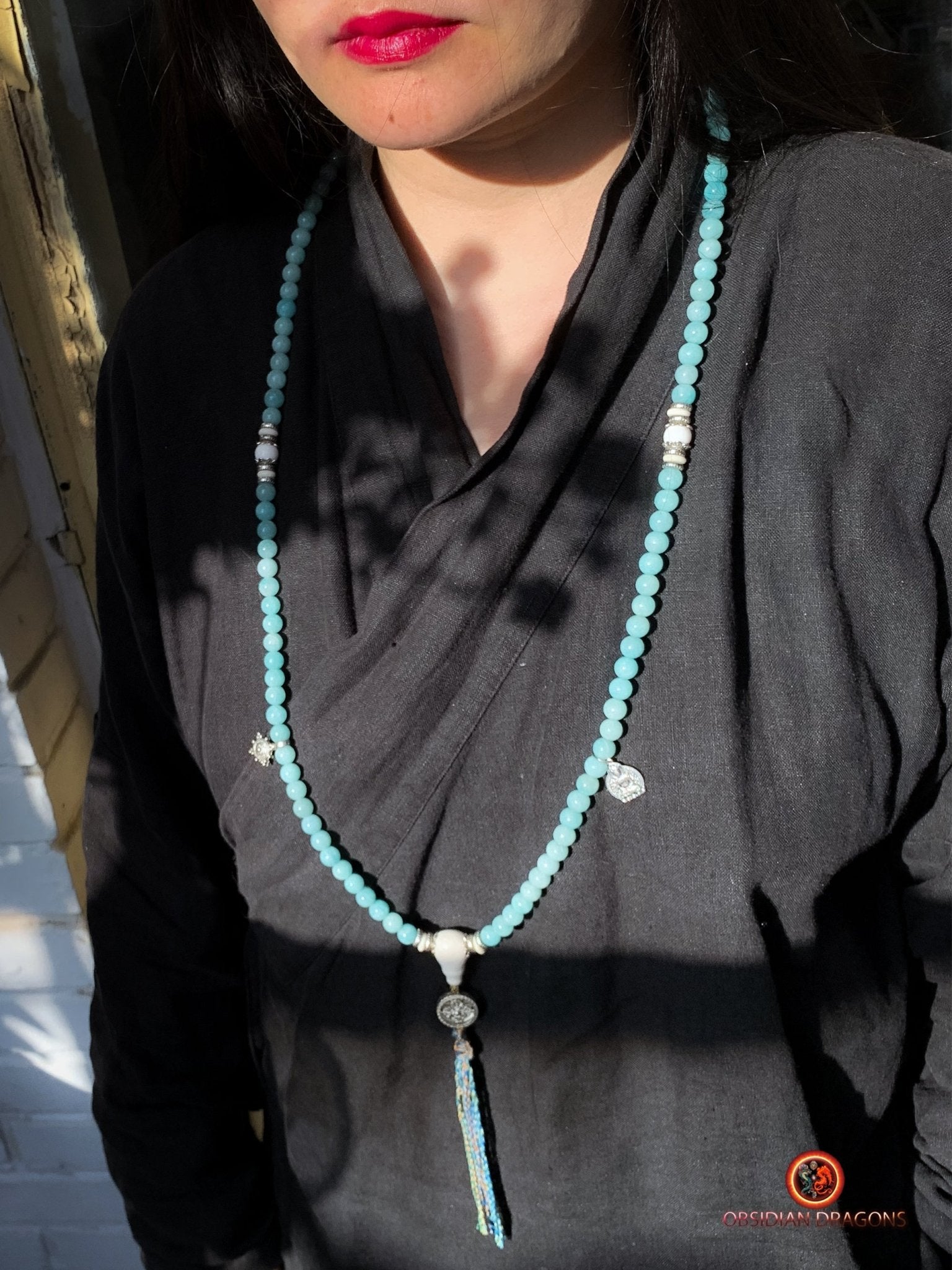 Mala en Amazonite et Nacre - Chapelet Bouddhiste - harmonie | obsidian dragons