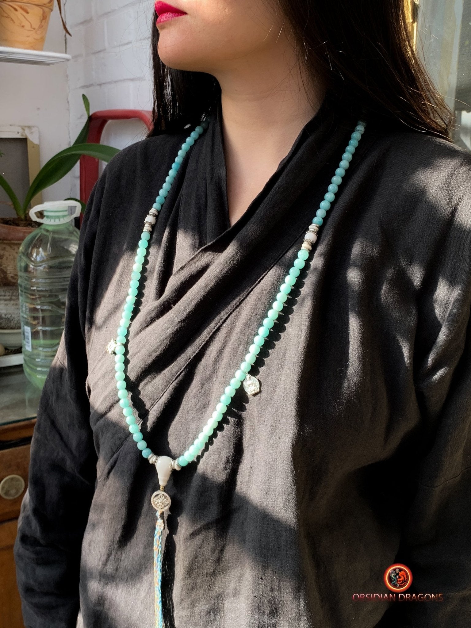 Mala en Amazonite et Nacre - Chapelet Bouddhiste - harmonie | obsidian dragons