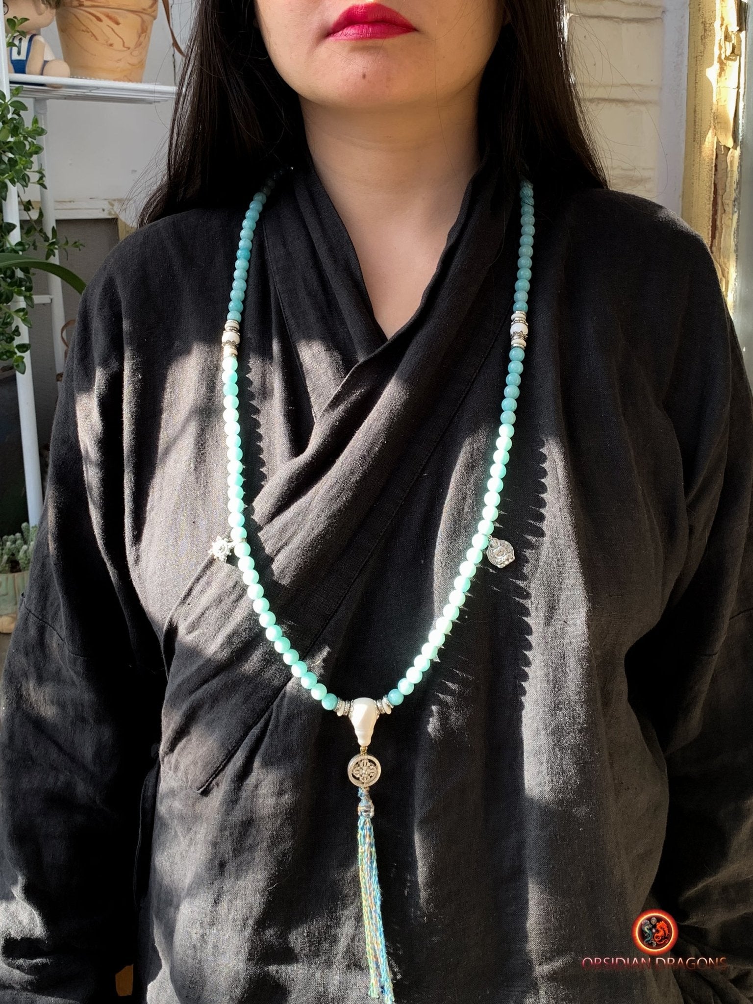 Mala en Amazonite et Nacre - Chapelet Bouddhiste - harmonie | obsidian dragons