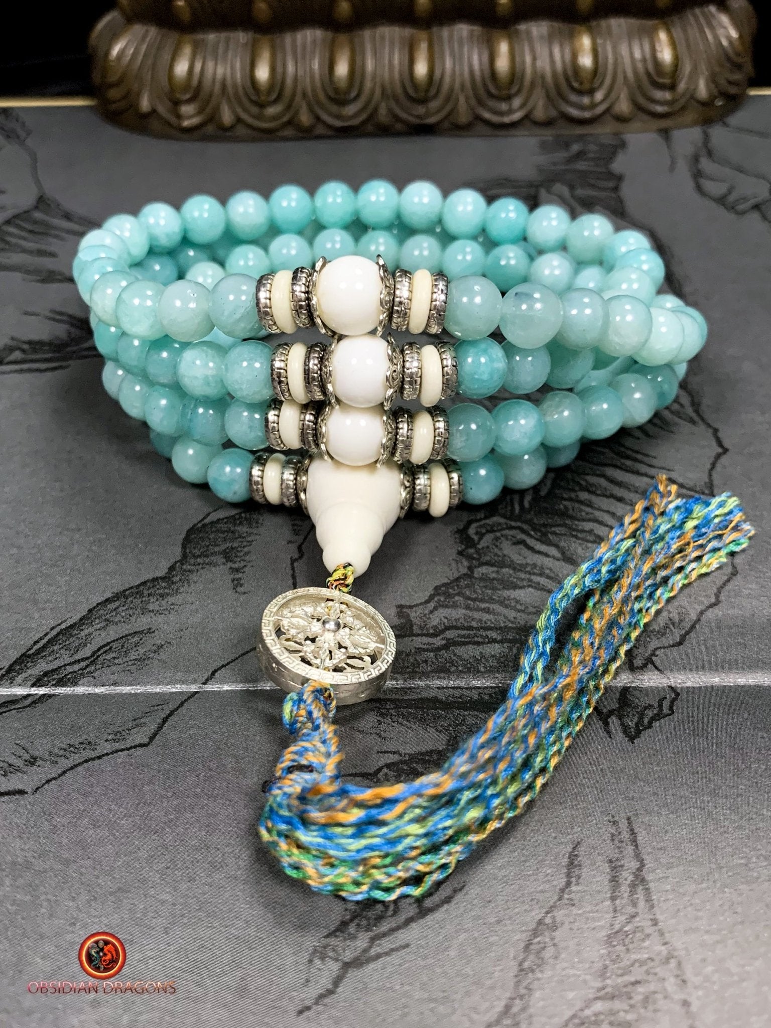 Mala en Amazonite et Nacre - Chapelet Bouddhiste - harmonie | obsidian dragons