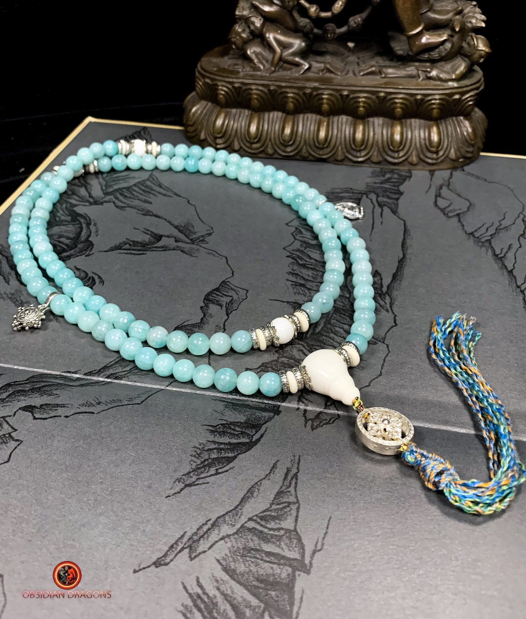 Mala en Amazonite et Nacre - Chapelet Bouddhiste - harmonie | obsidian dragons
