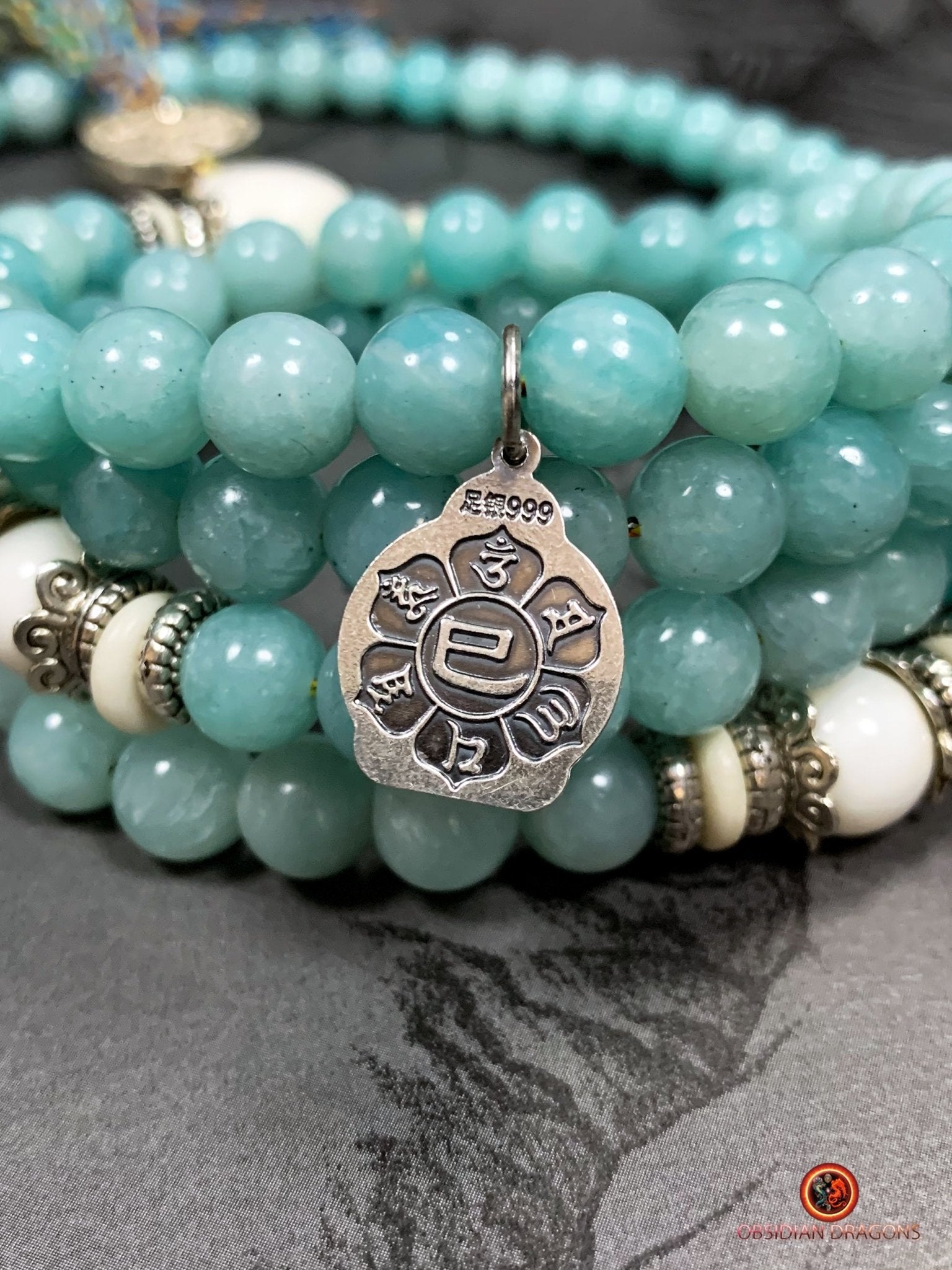 Mala en Amazonite et Nacre - Chapelet Bouddhiste - harmonie | obsidian dragons