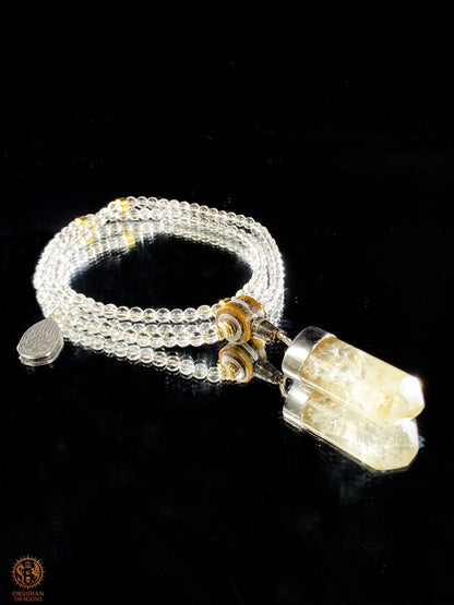 Mala en Cristal de Roche – Pointe de cristal - amulette Sak Yant | obsidian dragons