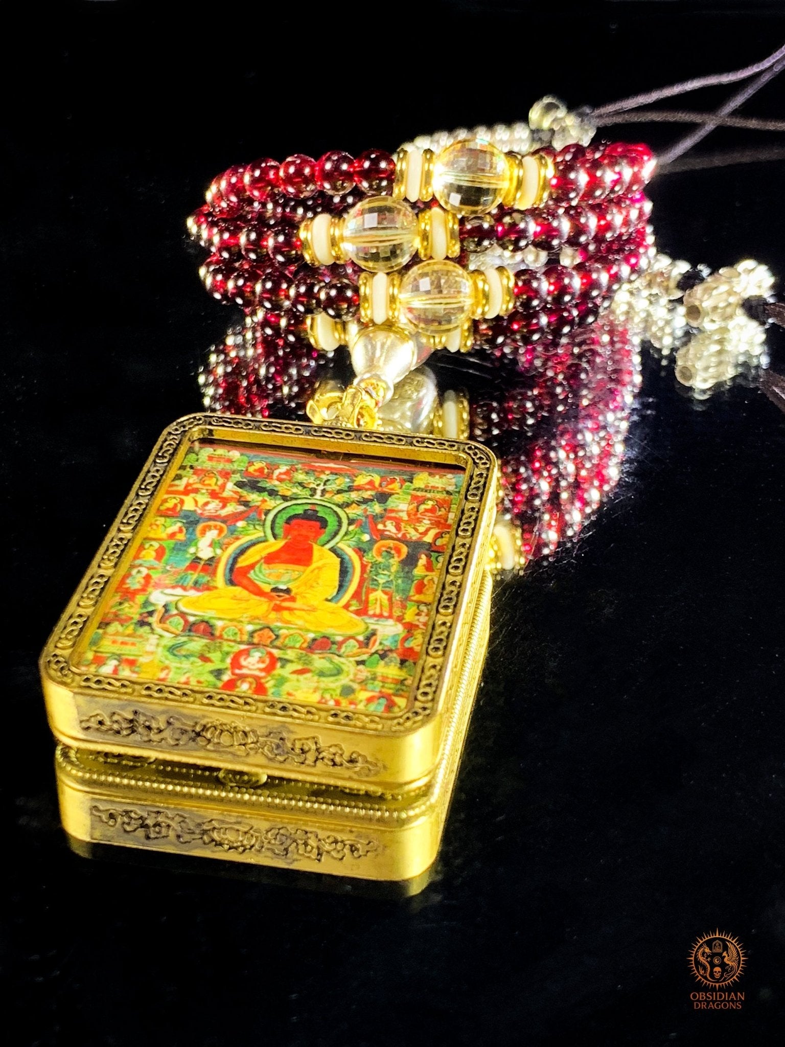 Mala en Grenat – Ghau du Bouddha Amitabha - Tangka Tibétain | obsidian dragons