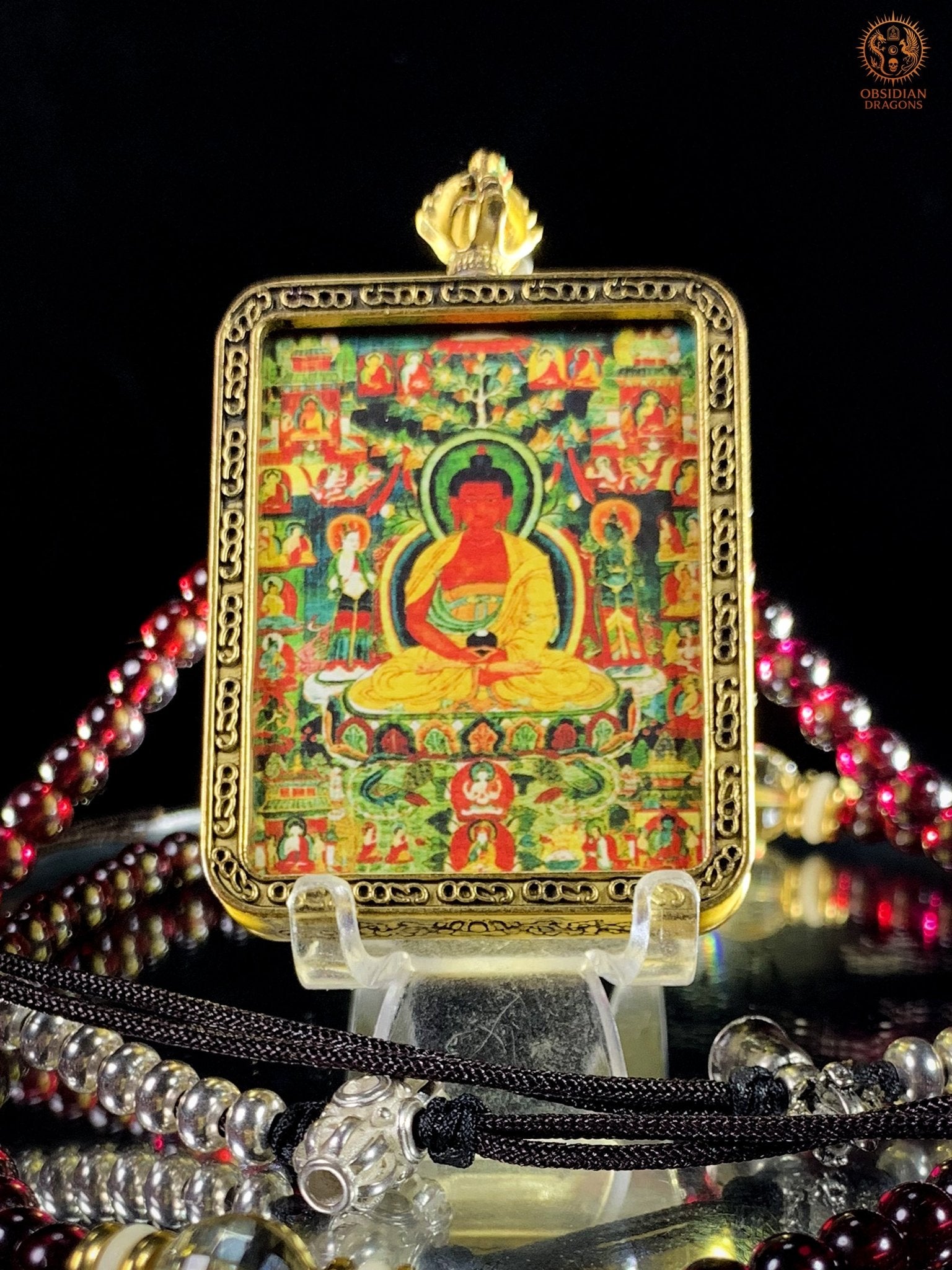 Mala en Grenat – Ghau du Bouddha Amitabha - Tangka Tibétain | obsidian dragons