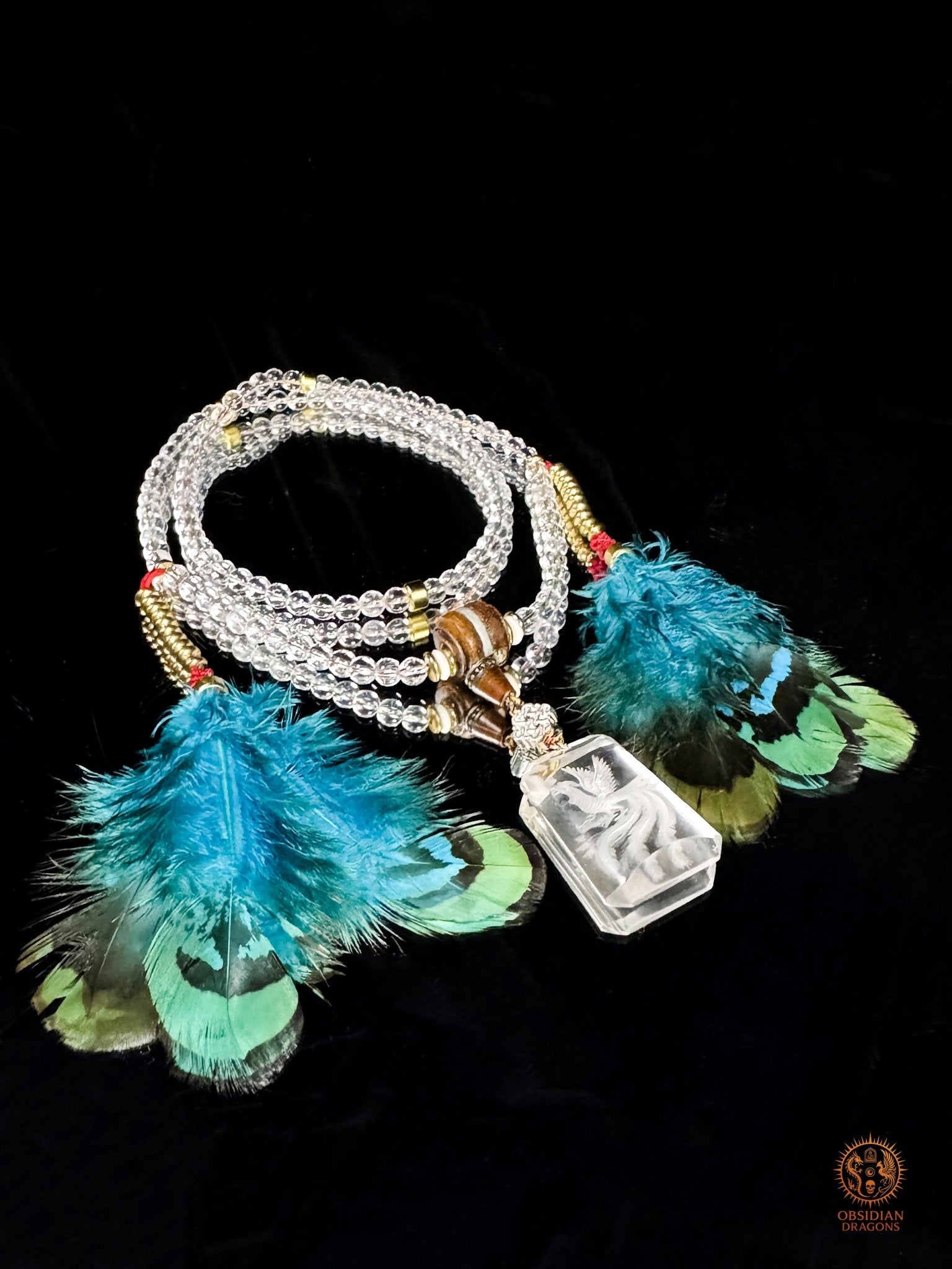 Mala en cristal de roche, Phénix–Renaissance & purification | obsidian dragons