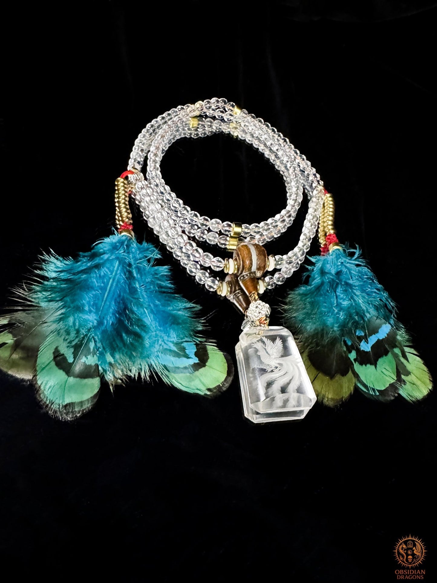 Mala en cristal de roche, Phénix–Renaissance & purification | obsidian dragons